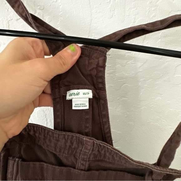 Aerie Work & Play Twill Brown Frayed Hem Ankle Jumpsuit Overalls XS - Picture 7 of 14